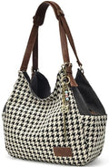 Worldlyda Women Canvas Hobo Purse Multi Pocket Tote Shopper Shoulder Bag Casual Top Handle handbag with Embroidery Ethnic - color: Be06black-houndstooth