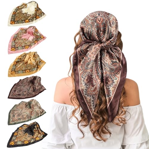 JATEBI 27''/35'' Women Large Satin Scarf Silk Feel Square Wraps Big Hair Bandanas Vintage Print Solid Color Bandana Scarves - color: Coffee Brown, Army Green, Camel, Black, White, Pink Mixed Classic, size: 35'' Large