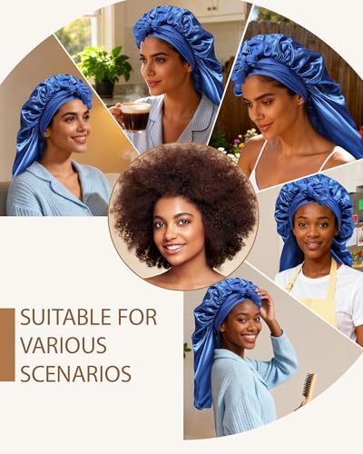 AWAYTR Long Satin Bonnet for Braids - Elastic Silk Hair Bonnets for Sleeping Night Cap Stretchy Tie Band for Women（Royal Blue） - color: Royal Blue