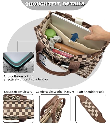 Large Canvas Tote Bag for Women Work Tote Bags with Pockets Laptop Crossbody Purses Everyday Bag Handbags for Travel - color: New Upgrade Plus Brown Checkerboard