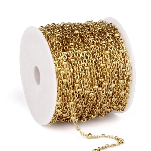 33 Feet 18K Gold PVD Plated Satellite Chain Roll, 2mm 304 Stainless Steel Gold Ball Beaded Cable Link Chains Spool Bulk for Jewelry Making DIY Craft - color: Gold Small Beads Satellite Cable Chain