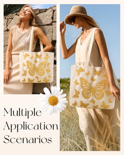 Miss Adola Embroidery Tote Bag with Pocket & Buckle - Reusable Canvas Tote for Women Cute Aesthetic Work Shopping Grocery Bag - style: Butterfly