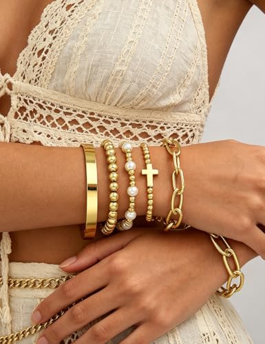 Gold Beaded Bracelets for Women, 14K Real Gold Plated Jewelry for Women Dainty Pearl Bead Bracelets Stack, Non Tarnish Trendy Stackable Ball Cross Stretch Bracelet Set Fashion Accessories Gifts - color: Gold cross bead chain bangle