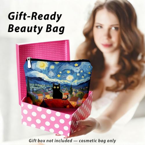 Black Cat Makeup Bag, Black Cat Mom Lovers Lady Gifts Cosmetic Bag for Women, Pet Lover Gifts, Celestial Starry Night Kitten Small Toiletry Bags Zipper Makeup Pouch - color: 02-Cat(08)-Starry Night
