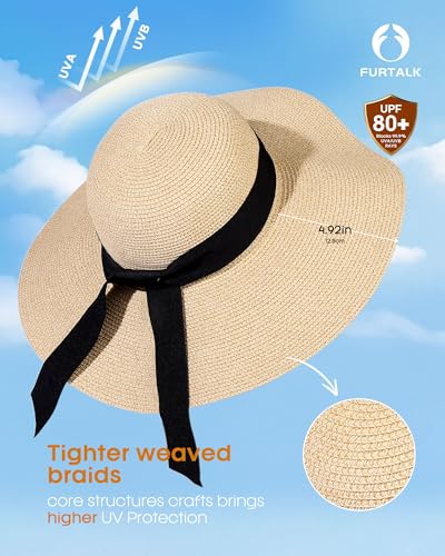 FURTALK Womens Sun Straw Hat Wide Brim UPF 80 Summer Hat Foldable Packable Floppy Beach Hats for Women - color: Mix Beige, size: Large-X-Large