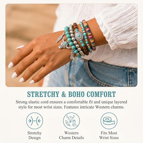 Long tiantian Western Turquoise Beaded Bracelet Set for Women Stackable Cowgirl Bracelets Boho Concho Jewelry Country Concert Rodeo Outfit Accessories Gifts - color: A1:turquoise bracelet for women