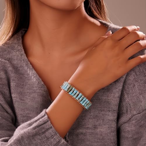 Sriomu 7 Chakra Bracelets for Women Handmade Natural Jasper Stone Healing Bead Bracelet Women Men Boho Friendship Inspirational Jewelry Natural Jasper Stone Double Layer Healing Bead Jewelry Gifts - color: Light Blue - Leather