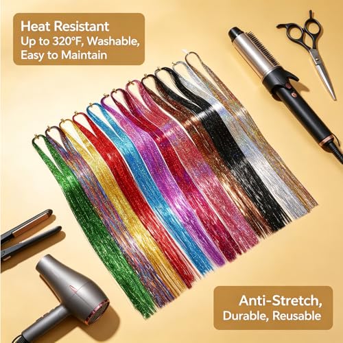 Hair Tinsel Kit 12 Colors 47 Inch Heat Resistant Reusable Stretchable Durable Shiny Hair Tinsel Strands for Women Girls Daily Wear Festival Party Cosplay Halloween Christmas Hair Accessories - color: 1401 12 Colors+Tools, size: 47 Inch