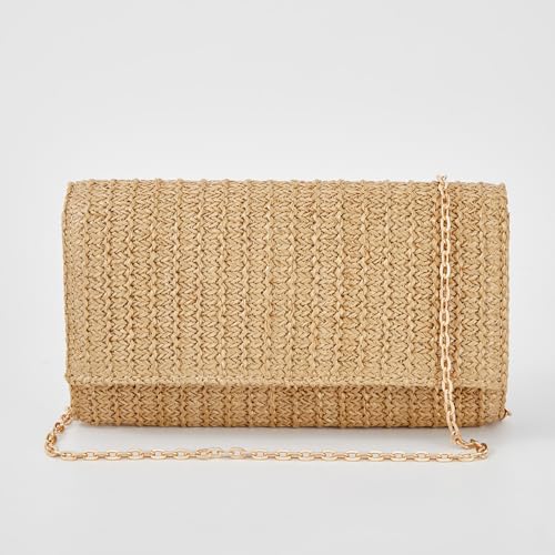 Huralona Women Straw Woven Clutch Purse Pleated Handbag for Summer Beach Vacation Straw Shoulder Crossbody Bag - color: Khaki3