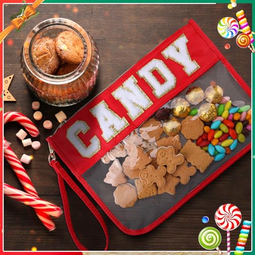 Hillban 2 Pcs Christmas Gifts Chenille Letter Bags Xmas Makeup Cosmetic Bag Clear Toiletry Zipper pouch Candy Canes purse Waterproof Travel Purse Preppy Things for Women Holiday Present - style: Candy Theme