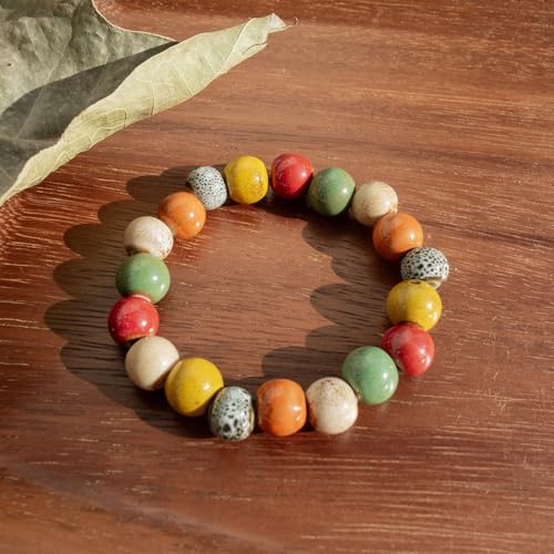 Handmade Multi-Color Faceted Ceramic Beads Bracelet for Women, Boho Stretch Bracelet with Oval Colorful Glazed Beads, Adjustable Bohemian Jewelry Gift for Mom Wife - color: big colorful