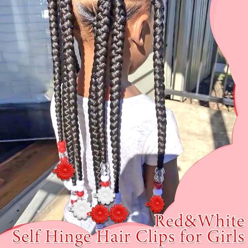 60PCS Red&White Loc Beads Hair Jewelry for Braids Cute Acrylic Dreadlocks Bead Flower Self Hinge Hair Barrettes Kids Girls Hair Clips Decoration Accessories - color: Red&White