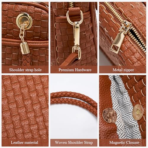 Chic Woven Crossbody Camera Bag, Soft Vegan Leather Purse with Designer Look & Braided Handle - color: Brown