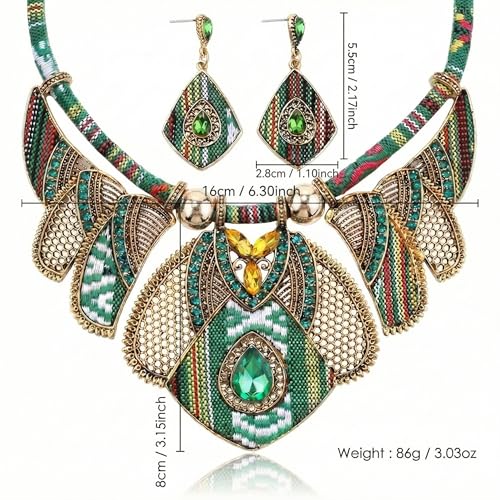 African Tribal Jewelry Set for Women - 2pcs Chunky Colorful Boho Vintage Statement Necklace Earrings Bib Choker Festival Costume Ethnic Accessories - style: Green Style