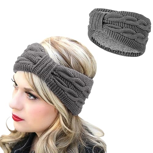 DRESHOW Crochet Ear Warmer Headband Soft Knit Chunky Turban Stretch Thick Headbands Warmer Fuzzy Head Wrap for Women - color: 1 Pc Double Twist: Gray