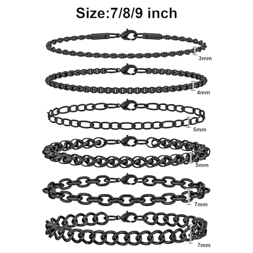 6PCS Stainless Steel Bracelets for Men Women, Silver Gold Black Cuban Link Rope Box Wheat Chain Paperclip Figaro Jewelry Set, 7/8/9 Inches - color: Black, size: 9 inches