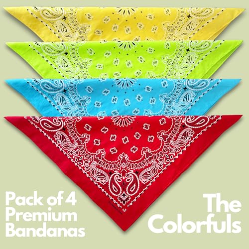 The Peacock Crew Premium Soft Cotton Bandanas Pack for Men and Women Paisley 22 x 22 inches - color: Pack of 4 Red Yellow Limegreen Azur