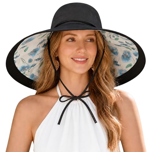 Wide Brim Sun Hat for Women Reversible Beach Hats Metal Wired Edge Gardening Hats, UPF 50+ Bucket Summer Hat - color: Black