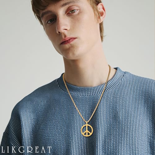 LIKGREAT Peace Necklace Peace Sign Symbol Pendant Necklace Box Chain Necklace for Women Men - color: gold