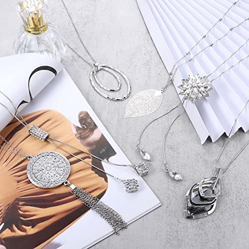 Jstyle 6Pcs Long Pendant Necklaces for Women Long Sweater Necklaces Silver Flower Tassel Disk Circle Leaf Statement Sweater Chain Necklace for Women Y Necklace Set Fashion Jewelry - style: Elegant Style