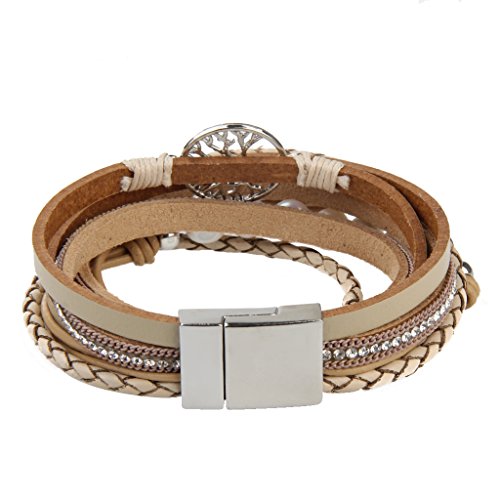 GelConnie Leather Cuff Bracelet Baroque Pearl Wrap Bracelet Gorgeous Gold Tube Bangle Boho Bracelet Bohemian Wristband Jewelry Gift for Women Wife - color: Tree Of Life Leather Bracelet