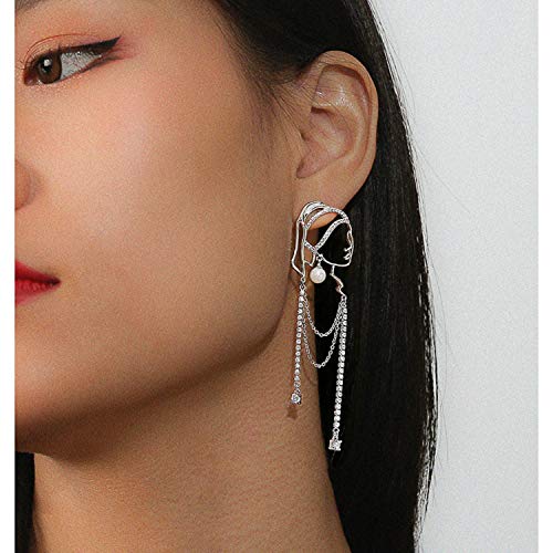 Unique Abstract Face Art | Dangle Statement Long Earrings for Women | Rhinestone Tassel Handmade Chandelier Earrings - color: silver