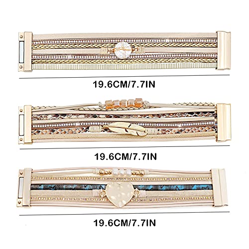 Leather Wrap Bracelet Set 3Pack Wrist Cuff Bracelet for Women Multilayer Magnetic Clasp Bracelet Feather Tree Bead Crystal Bracelet - color: Pearl Love