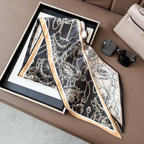 Hair Scarf for Women - 53"x5.3" Purse Scarf, Extra Long Satin Wrap, Versatile Belt & Boho Neck Accessory - color: Black Abstract