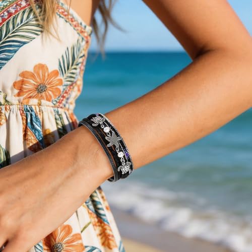 Long tiantian Boho Leather Wrap Bracelets Western Bracelets for Women Stackable Starfish Crystal Pearl Turquoise Leather Bracelet With Clasp Jewelry Gifts Boho Dresses - color: B4:BLACK Bracelet