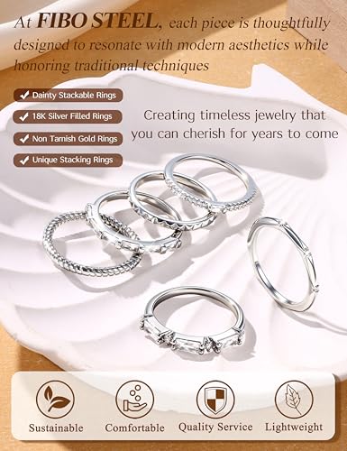 FIBO STEEL Gold Rings for Women Non Tarnish Dainty Stackable Ring Set Hypoallergenic Cubic Zirconia Wedding Band Promise Bands for Her Women's Jewelry Size 5-10 - color: White Gold Plated