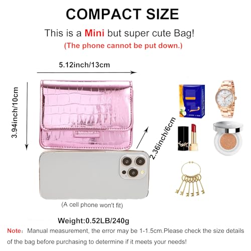 Small Crossbody Purse Bag for Women，Y2K Cute Metallic Croc-Embossed Handbag with Chain Strap - color: Mini Pink