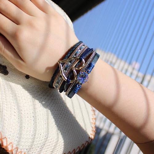 Womens Multi Layer Heart Leather Wrap Bracelet Boho Stackable Cuff Bangle Magnetic Clasp Crystal Birthday Valentine Gift - color: Navy Blue