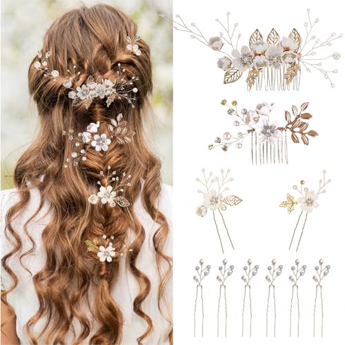 Floral Hair Comb Set for Girls - 10PCS White Flowers Hairs Accessories & Gold Hair Pins for Women, Vintage Bridesmaid Hairs Pins, Wedding Hair Comb, Mother of Bride, Prom, Victorian Hair Decorations - color: White-F10