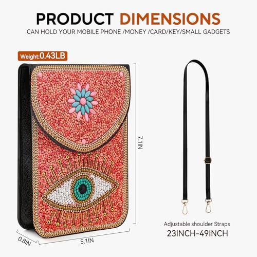 Small Beaded Crossbody Bag for Women, Boho Cell Phone Shoulder Purse Wallet with Handcrafted Colorful Beads - color: Eye-pink