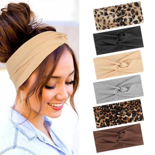 6 Pack Headbands for Women, Wide Stretchy Head Wraps, Soft Vintage Fashion Hair Bands for Women's Hair, Non-slip Head Bands Boho Knotted Head for Sports, Yoga, Skincare, Outdoor Occasions - color: #A - 6pc