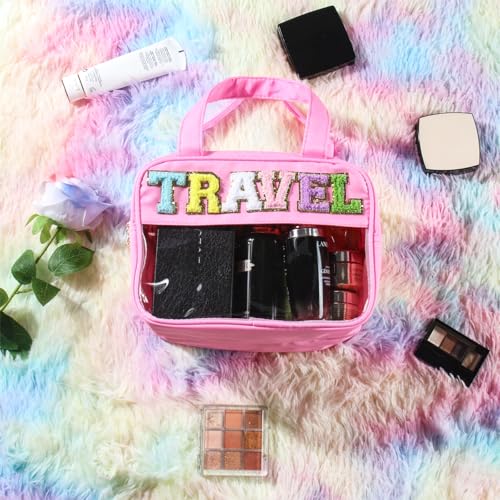 BuyCard Chenille Letter Clear Travel Bags, Makeup Bag for Travel, Preppy Patch Nylon Cosmetic Bag with Handles and Zipper, Waterproof Large Clear Travel Toiletry Bag Storage Bag for Women Pink - color: Pink-Travel