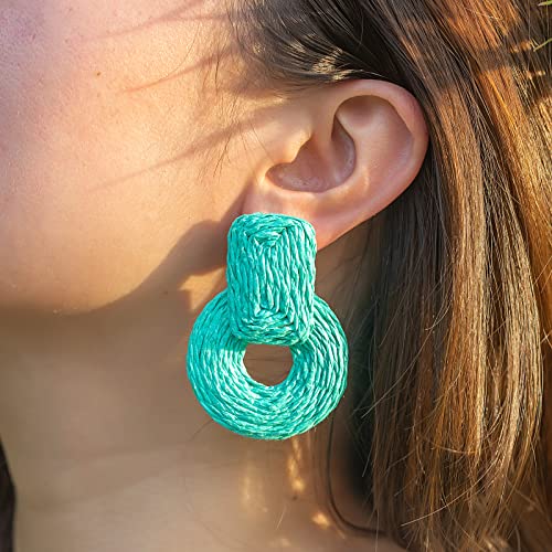 Statement Raffia Earrings Cute Boho Earrings Rattan Dangle Earrings Handmade Straw Wrap Earrings Summer Drop Dangling Earrings for Women Teen Girls - color: Turquoise Blue