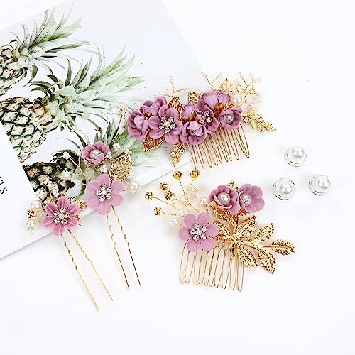 inSowni 20 Pack Classic White Dusty Pink Blue Flower Bridal Wedding Hair Side Combs+U-shaped Flower Hair Pins+Twist Spiral Pearl Hair Pins Pieces Headpieces Accessories for Brides Bridesmaids Women Girls (Purple) - color: Purple