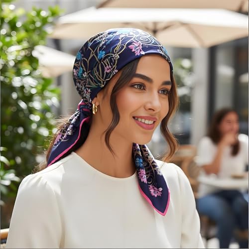 Premium Floral Scarf for Women 35x35 Square Silk Feel-Lightweight Scarves Headscarf Bandanas Wrapping Handbag - color: ‌floral Purple