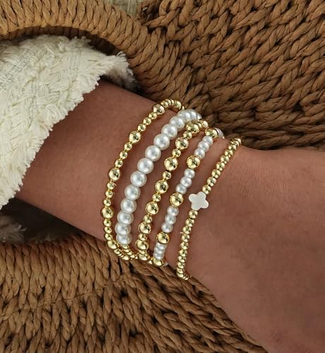 Gold Beaded Bracelets for Women, 14K Real Gold Plated Jewelry for Women Dainty Pearl Bead Bracelets Stack, Non Tarnish Trendy Stackable Ball Cross Stretch Bracelet Set Fashion Accessories Gifts - color: Gold white cross bead