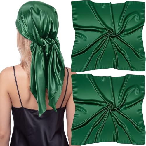 SATINIOR 35 Inch Silky Head Scarf 2 Pcs Large Square Neck Scarf Sleeping Hair Wrapping Satin Bandana for Women - color: Emerald Green, style: Classic