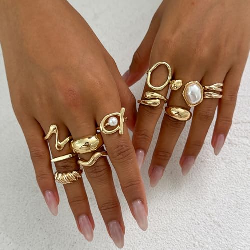Chunky Gold Rings for Women Non Tarnish Boho Stackable Rings Set Adjustable Open Joint Finger Midi Knuckle Ring Packs - color: Gold Pearl Rings 11Pcs