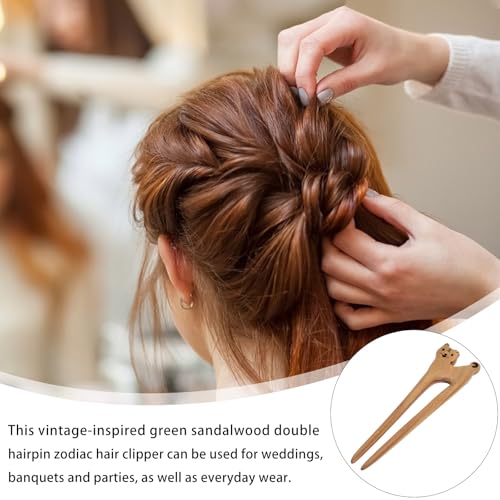SHOWERORO Handmade Green Sandalwood Hair Fork Tiger Hairpin Double Prong Bun Hair Stick for Women for Elegant Updo