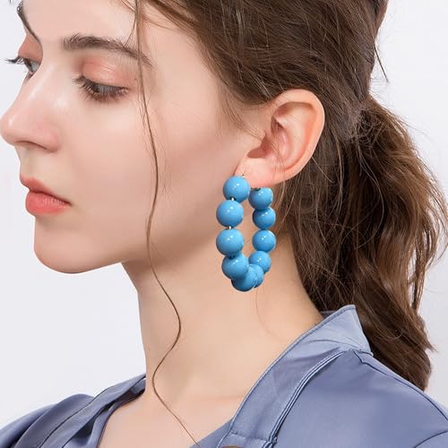 Summer Candy Colored Bead Earrings Lightweight Dainty Acrylic Geometry Hoop Earrings for Women Cute Boho Chic Handmade Jewelry - color: Sky Blue