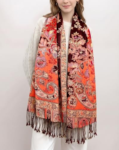 Achillea Elegant Paisley Floral Pashmina Shawl and Wrap – Boho Rave Scarf for Festival, Travel & Everyday Wear - color: Burgundy Burnt Orange