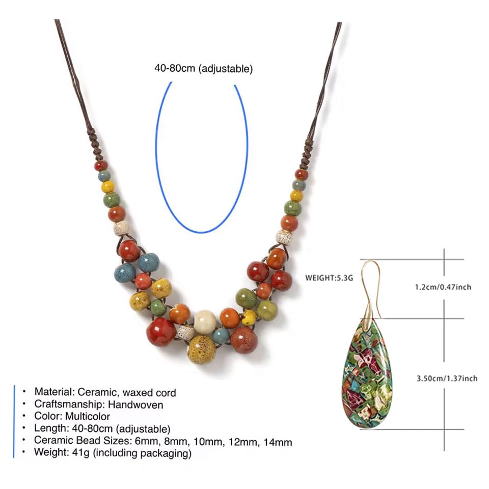 KURTCB Boho Hippie Ceramic Beaded Necklace Bracelet Colorful Statement Chunky Beads Strand Necklace Bracelet Thanksgiving Fall Autumn Jewelry for Women - style: Style 3