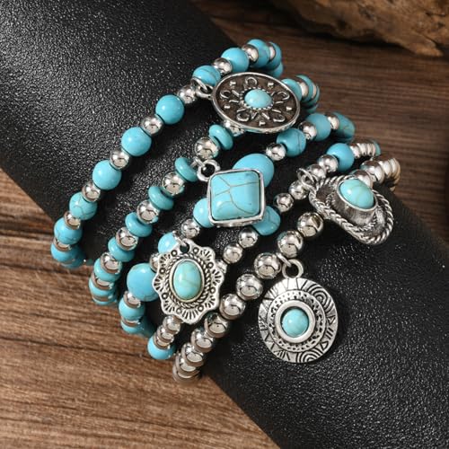 Long tiantian Western Turquoise Beaded Bracelet Set for Women Stackable Cowgirl Bracelets Boho Concho Jewelry Country Concert Rodeo Outfit Accessories Gifts - color: D3:Turquoise Bracelet
