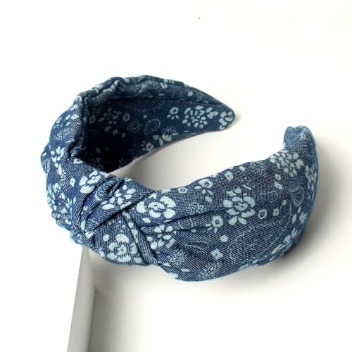 Cuizhiyu 3Pack Denim Knot Headband Knotted Wide Headband for Women,Blue Knot Headbands Non slip Hairbands Girls Fabric Head bands Hair Accessories