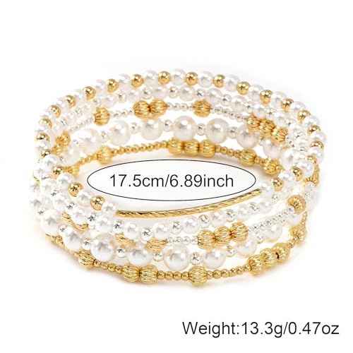 14K Gold Plated Beaded Bracelets Stack Set for Women,Stretch Boho Colorful Beads Ball Jewelry Friendship Summer Trendy - color: Gold silver pearl