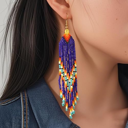 Bohemian Beaded Long Tassel Dangle Earrings for Women, Handmade Jewelry White Tarnish Resistant Lightweight Design, Stylish Accessory for Beach Vacation Party and Gift - color: Blue